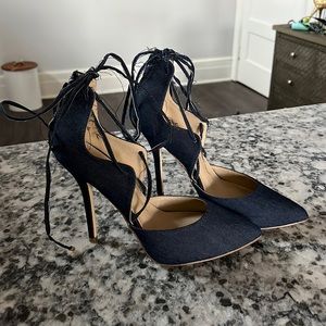 Lace up denim heels